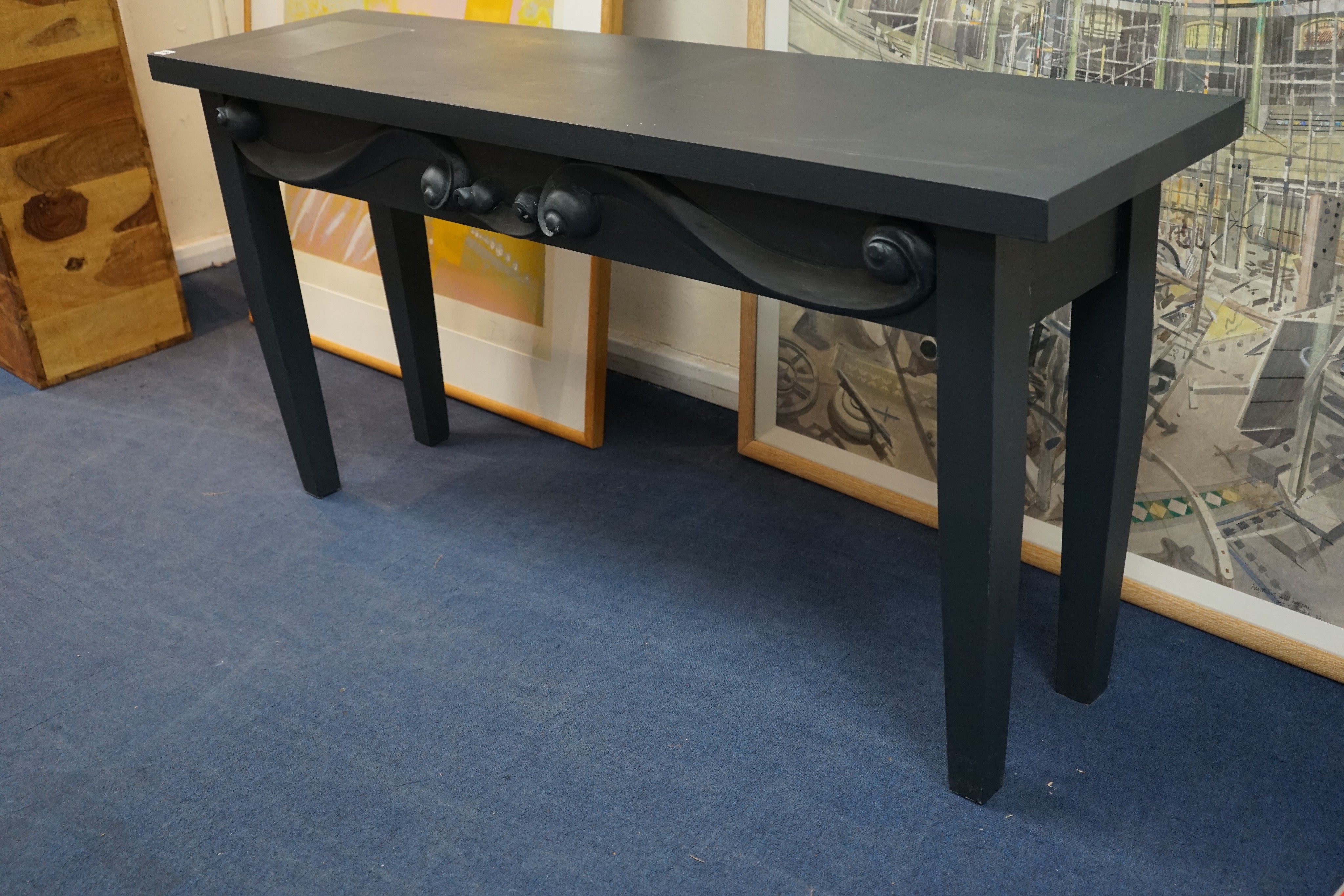 A grey painted pine console table, with scrolling apron, width 160cm depth 40cm height 78cm